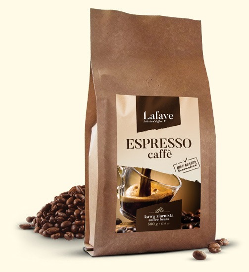 ESPRESSO CAFFE 500G 24,99 ZŁ Lafaye Espresso, to zrównoważony, a zarazem intensywny smak i aromat. Połączenie nut czekoladowych z przyjemną kwasowością. Wszystko, to dzięki autorskiej mieszance ziaren Gwatemali, Rwandy Bourbon i Indii Cherry.