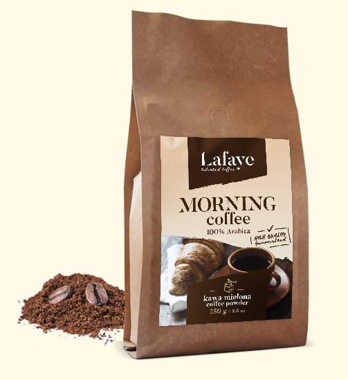 MORNING COFFEE KAWA MIELONA 250G 24,99 ZŁ Mieszanka 3 wyrazistych odmian ziaren Arabiki, przeznaczona dla osób traktujących kawę jako niezbędny element podtrzymania aktywności umysłu.