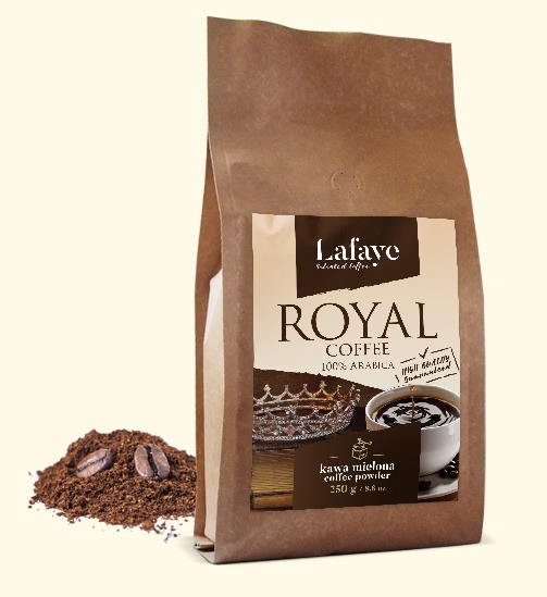 ROYAL COFFEE 250G KAWA MIELONA 24,99 ZŁ Intensywna, aromatyczna kompozycja ROYAL COFFEE o zbalansowanej kwasowości. Taka właśnie jest autorska mieszanka 100% Arabic, której pomysł narodził się w naszych kubkach smakowych.
